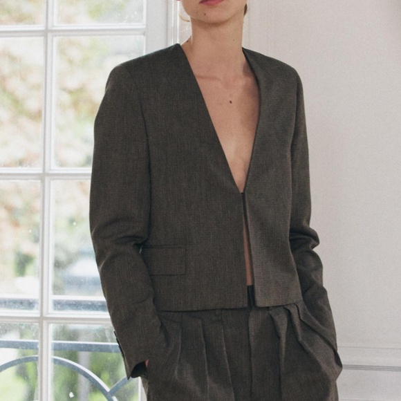 Zara brown marl V-neck viscose and cotton cropped blazer coat NWT - Picture 1 of 14